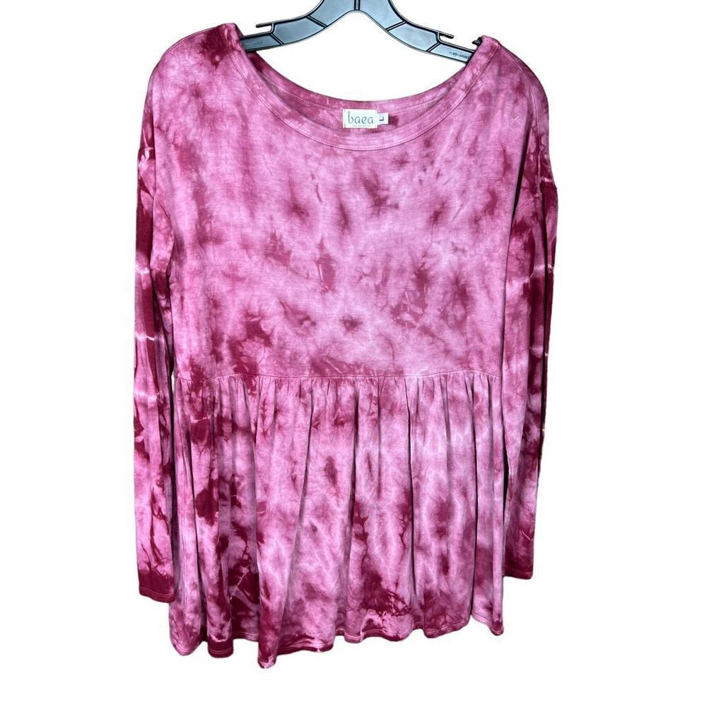 Baea Top Peplum Tunic Round Neck Pink Magenta White Tie Dye Long Sleeve Large